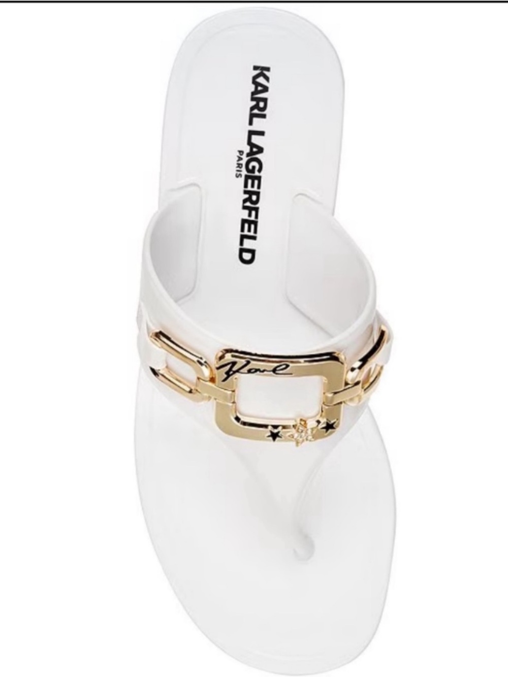 KARL LAGERFELD Sandals Vardice Jelly Thong Slide Gold Bit Chain White Size 9